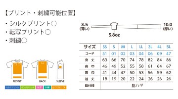 00117-VPT 5.8オンス T/CクルーネックTシャツ サイズ表 プリント範囲